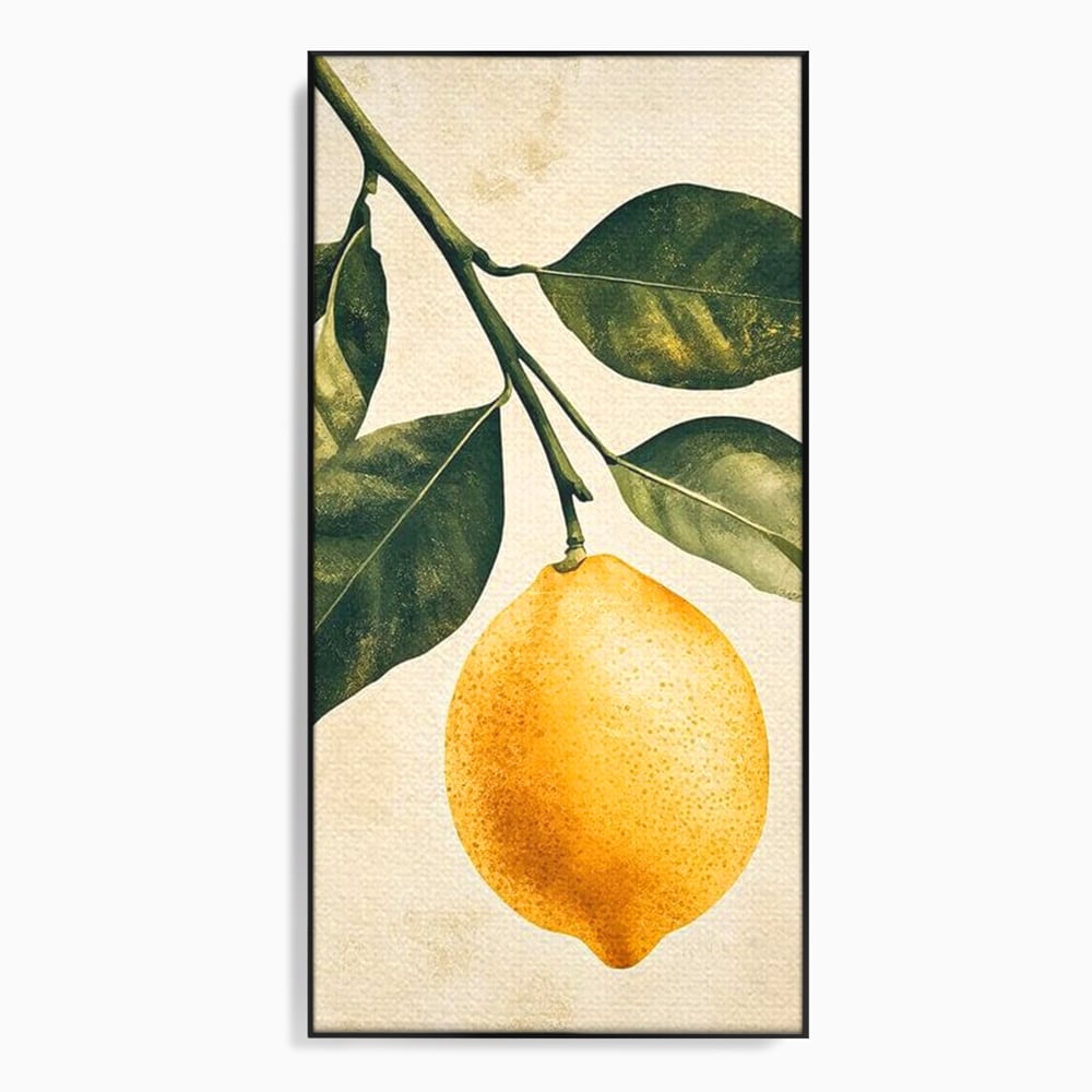 Tablou canvas cu ilustratie botanica cu lamaie si frunze, in rama de aluminiu negru